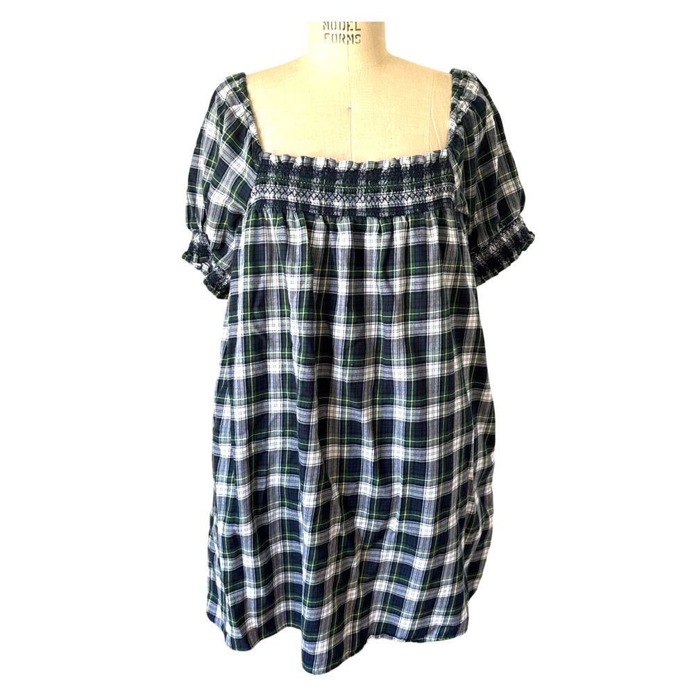 American Eagle Plaid Babydoll Dress Mini Green Blue Cotton Size XL Twee Holiday